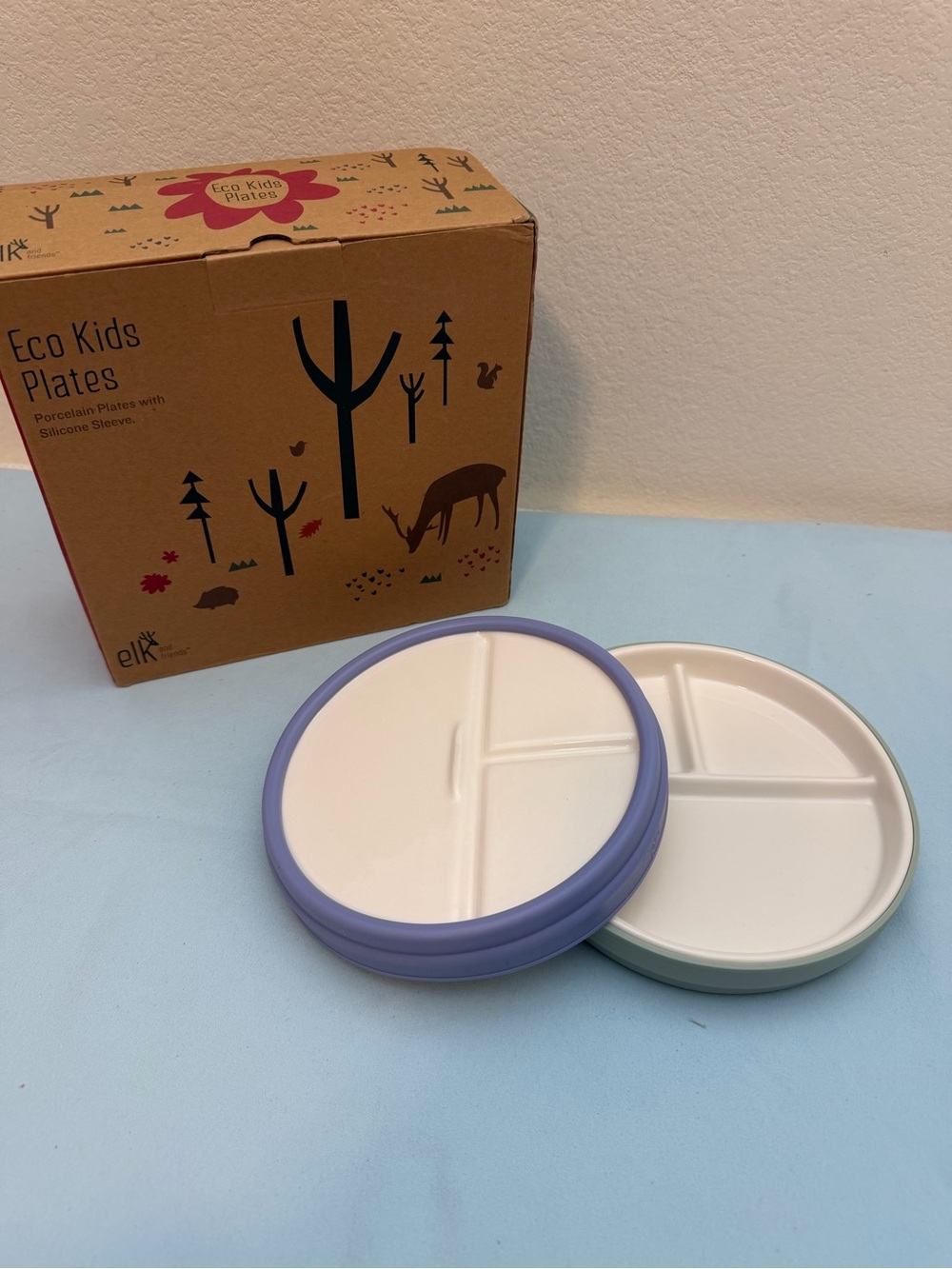 Elk and Friends Porcelain Divided Plates with Silicone Sleeves 6.7"
